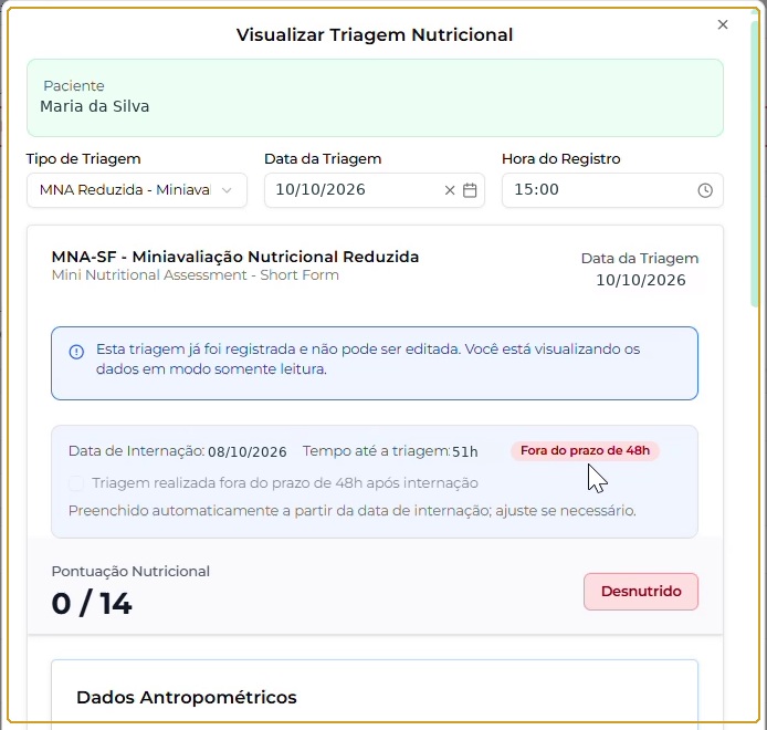 Consulta da MNA Reduzida com aviso de somente leitura; identificação e datas fictícias.