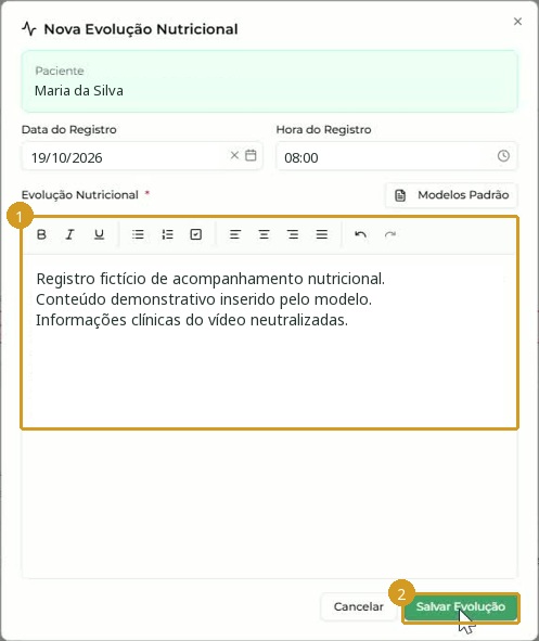 Modelo inserido no editor; identificação e conteúdo clínico substituídos por dados fictícios.