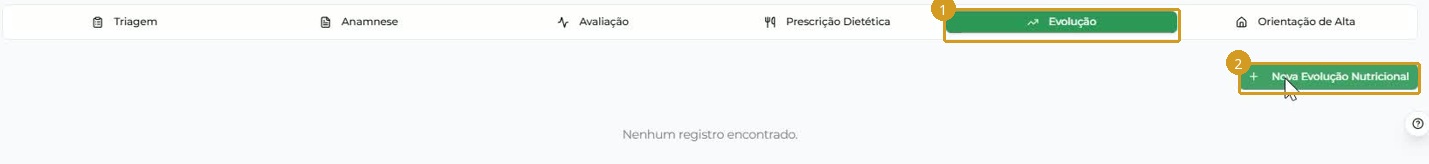 Acesso à aba Evolução e à abertura de um novo registro.