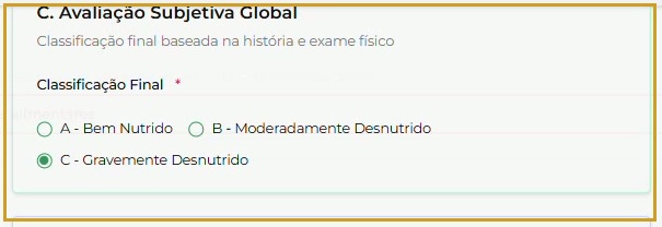 Classificações A, B e C, com C — Gravemente Desnutrido selecionada no exemplo.