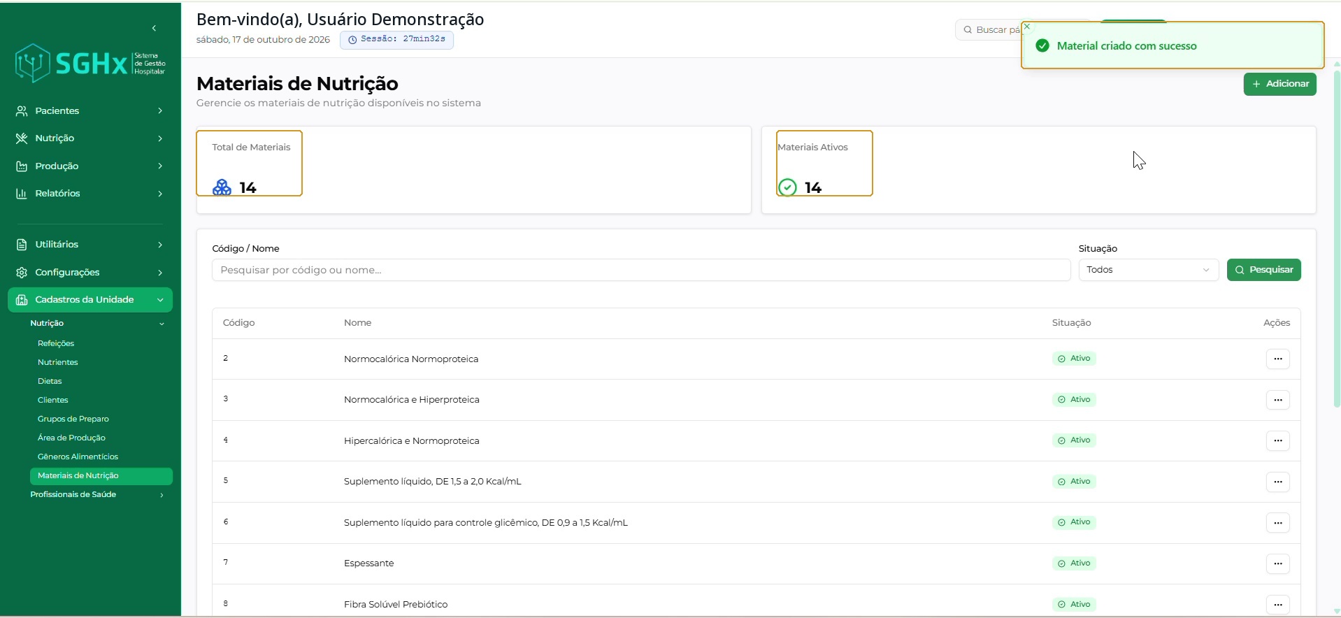 Confirmação do cadastro e indicadores atualizados na demonstração.