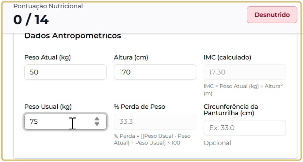 Dados antropométricos, IMC calculado e circunferência da panturrilha opcional; medidas demonstrativas.