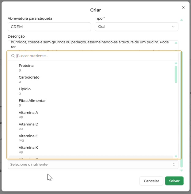 Pesquisa e seleção em + Adicionar Nutriente.