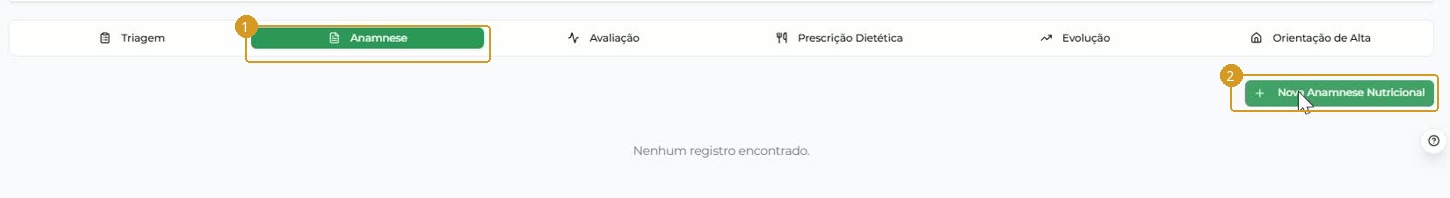 Acesso à aba Anamnese e à abertura de um novo registro.