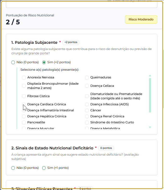 Patologia Subjacente com Sim selecionado, lista de patologias e pontuação 2/5 — Risco Moderado.