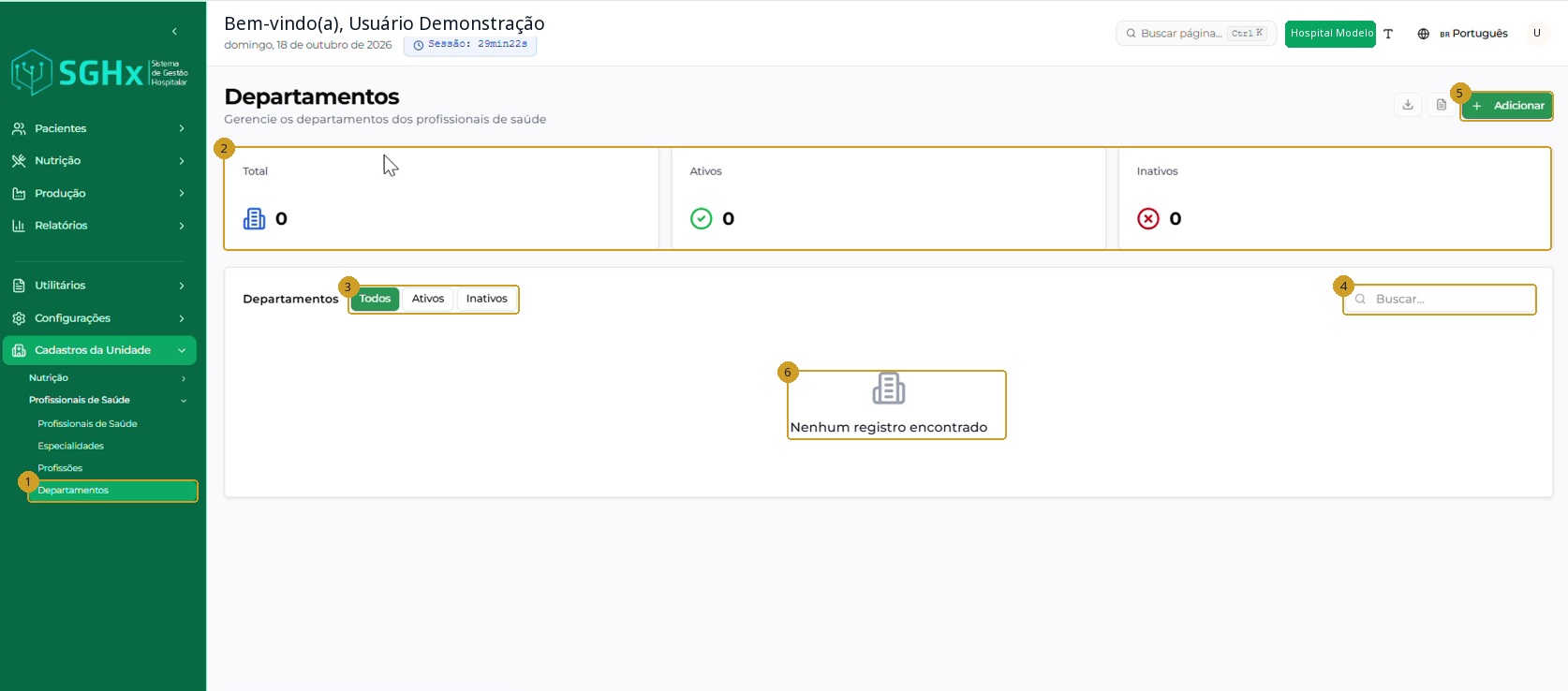 Tela Departamentos com indicadores, filtros, busca e ausência de registros.