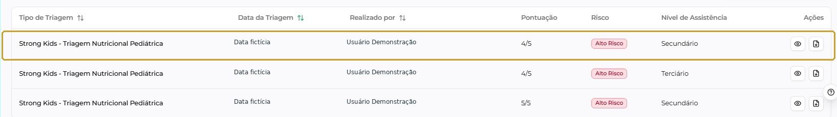 Registro salvo na listagem da aba Triagem e ações disponíveis; datas e profissional neutralizados.