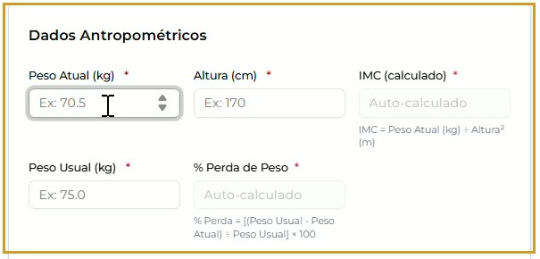 Dados Antropométricos com os cinco campos e suas unidades de medida.