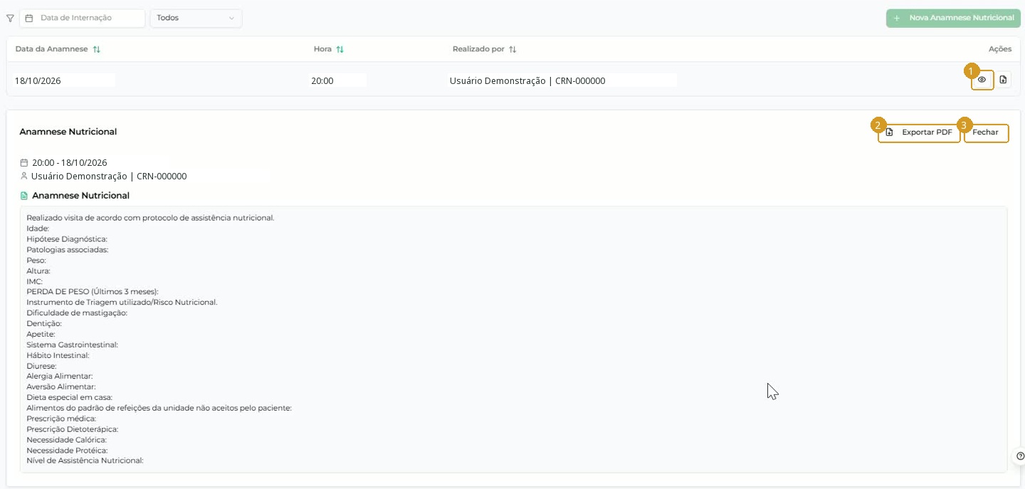 Consulta expandida do conteúdo registrado; data, hora e profissional fictícios.