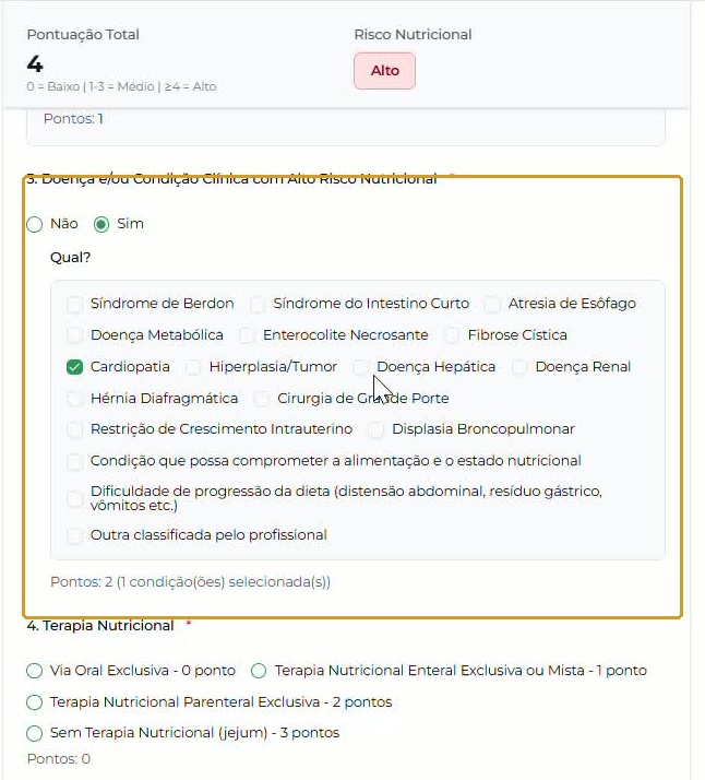 Sim selecionado, Cardiopatia marcada e atualização do exemplo para 4 pontos — Alto Risco.