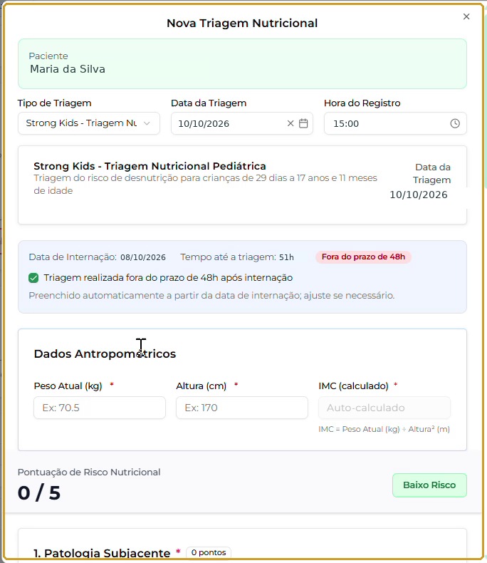 Strong Kids selecionada, identificação do instrumento e indicador automático de prazo; identificação e datas fictícias.