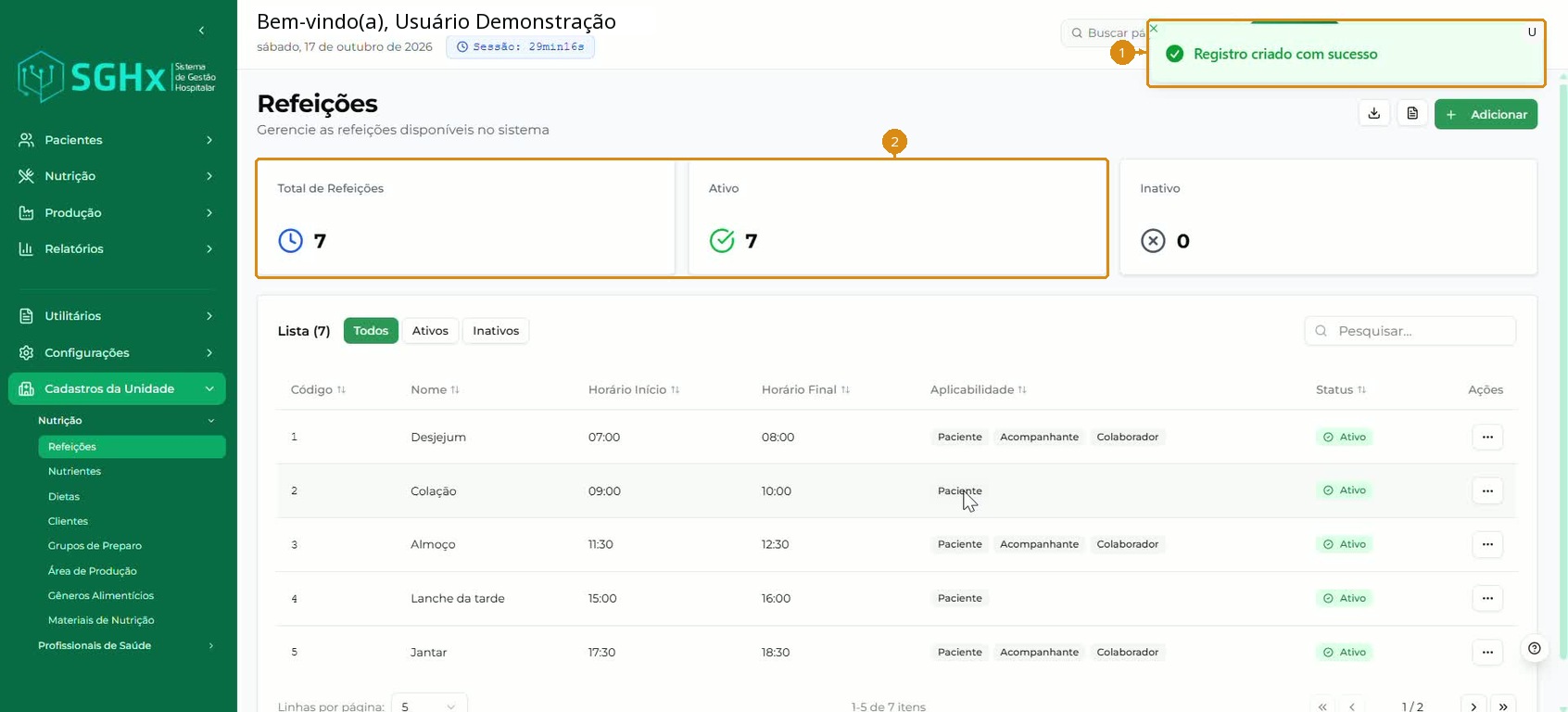 Confirmação de criação e indicadores atualizados.