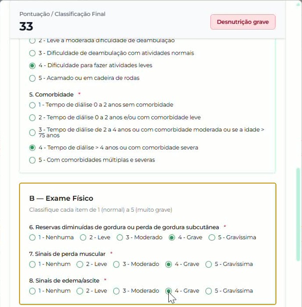Exame Físico com os três critérios e alternativas selecionadas no exemplo.
