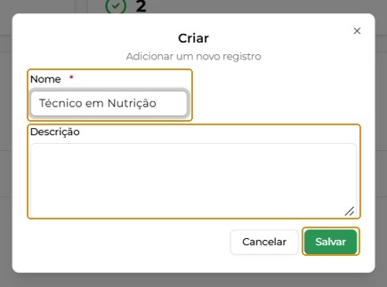 Modal Criar com o nome Técnico em Nutrição preenchido.