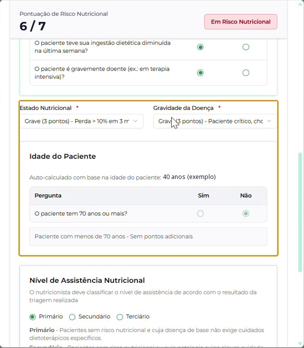Avaliação detalhada, idade fictícia e resultado demonstrativo de 6/7 — Em Risco Nutricional.