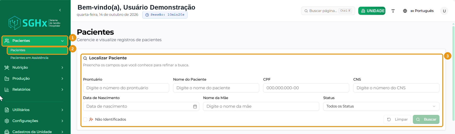 Tela Pacientes com a área Localizar Paciente.