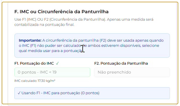 Critério F: orientação sobre F1/F2, pontuação do IMC e indicador da medida utilizada.