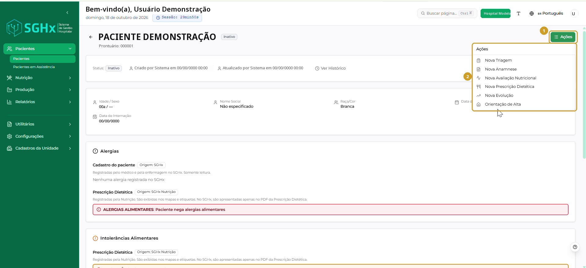 Menu Ações da página do paciente.
