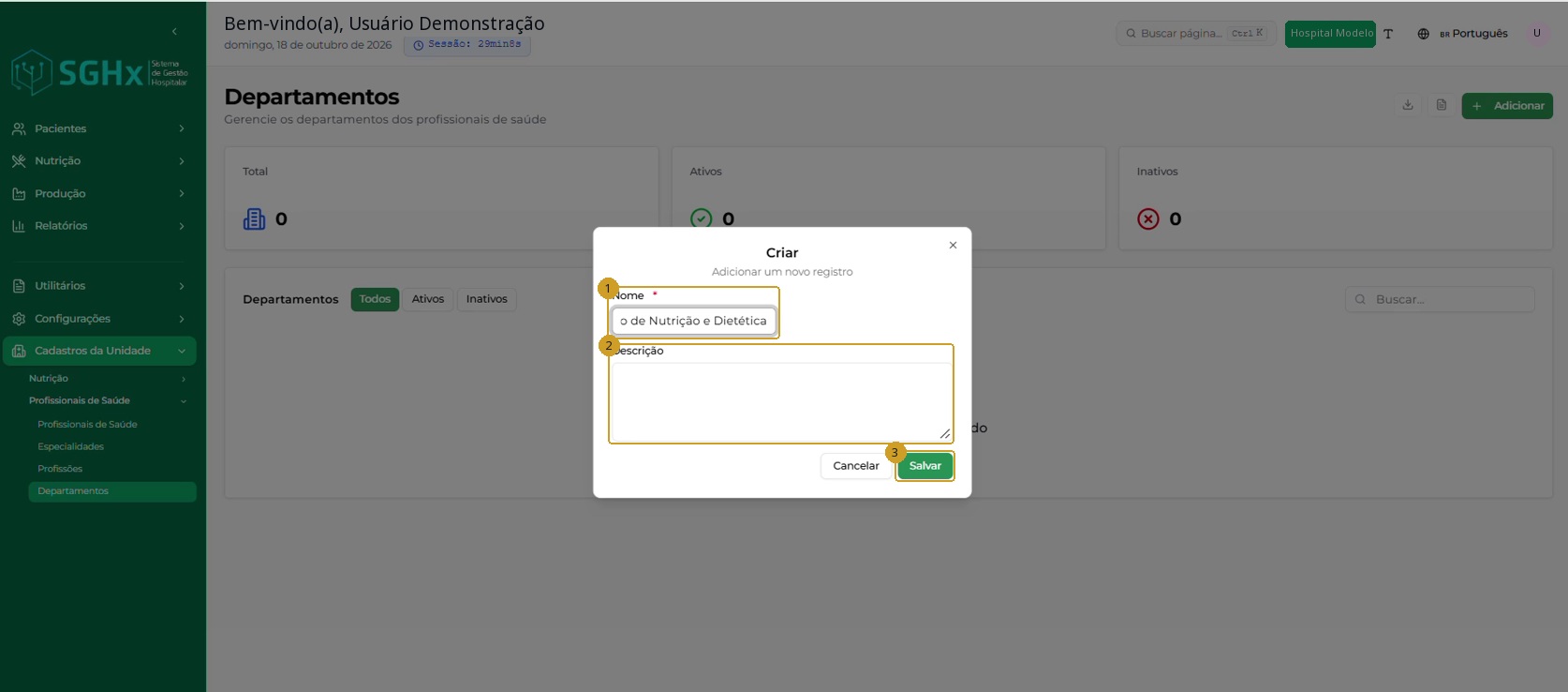 Modal Criar com os campos Nome e Descrição.
