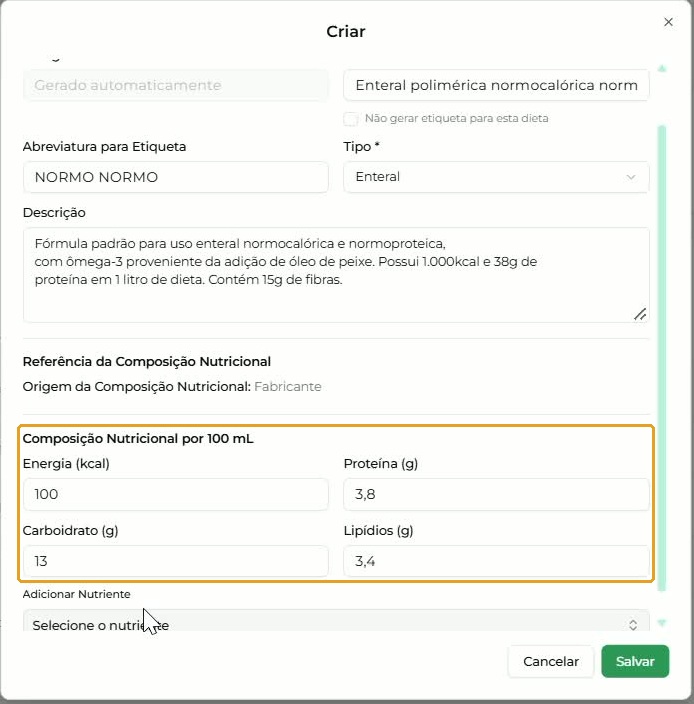 Exemplo Enteral: composição por 100 mL, base também demonstrada em Suplemento.