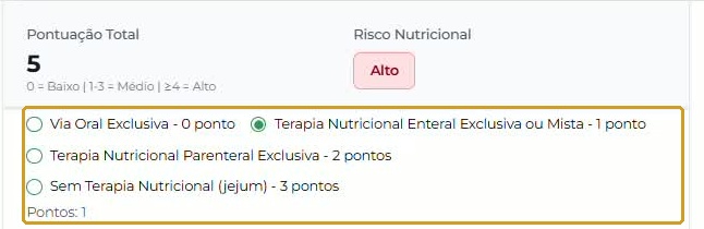 Modalidades de terapia, opção enteral selecionada e exemplo de 5 pontos — Alto Risco.