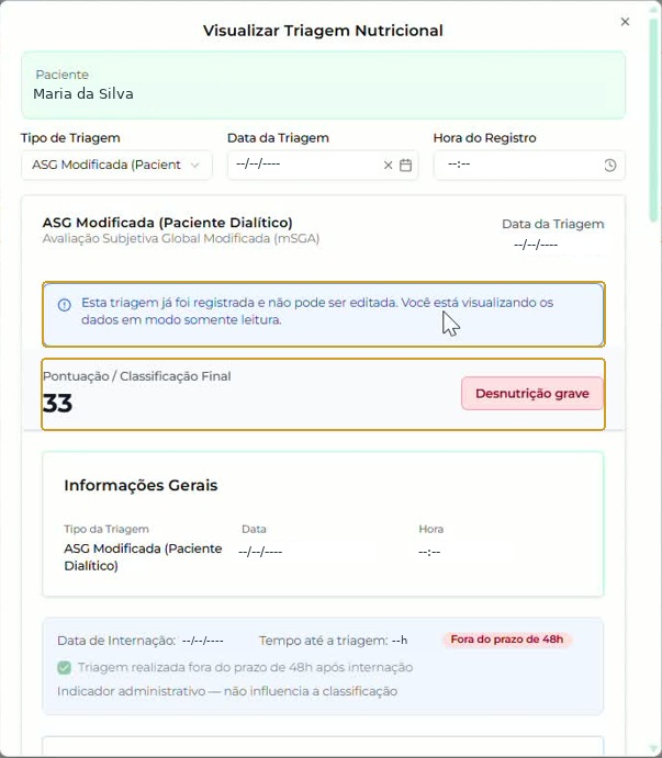 Visualização da ASG Modificada em modo somente leitura; identificação e datas neutralizadas.