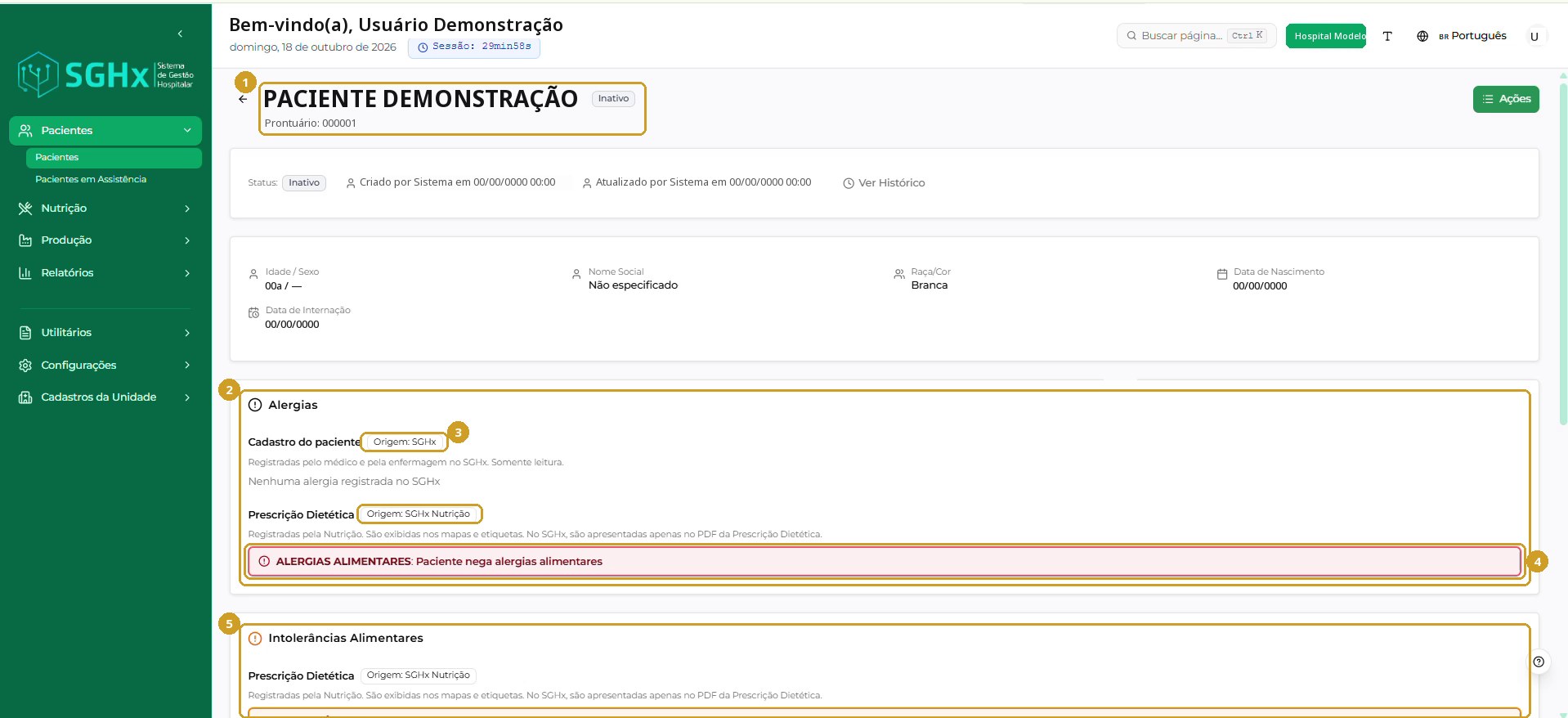 Página individual do paciente com informações e alertas alimentares.