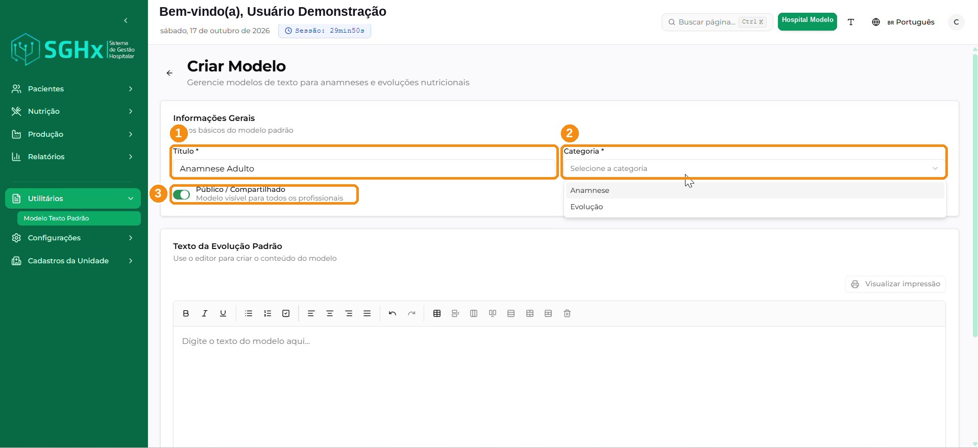 Seção Informações Gerais da tela Criar Modelo.