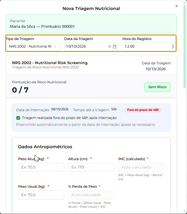 Formulário com o instrumento NRS 2002 selecionado e identificação sanitizada.