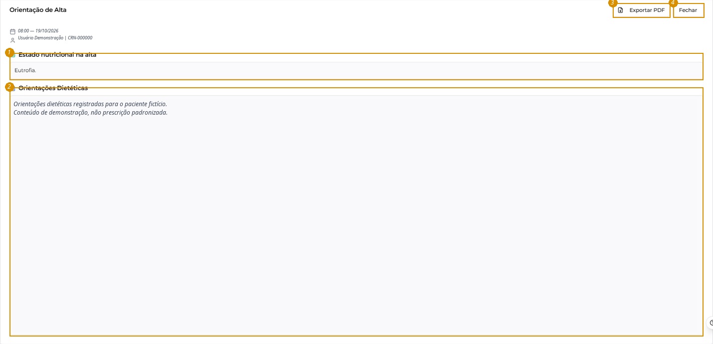 Consulta da Orientação de Alta; identificação profissional, data e conteúdo clínico sanitizados.