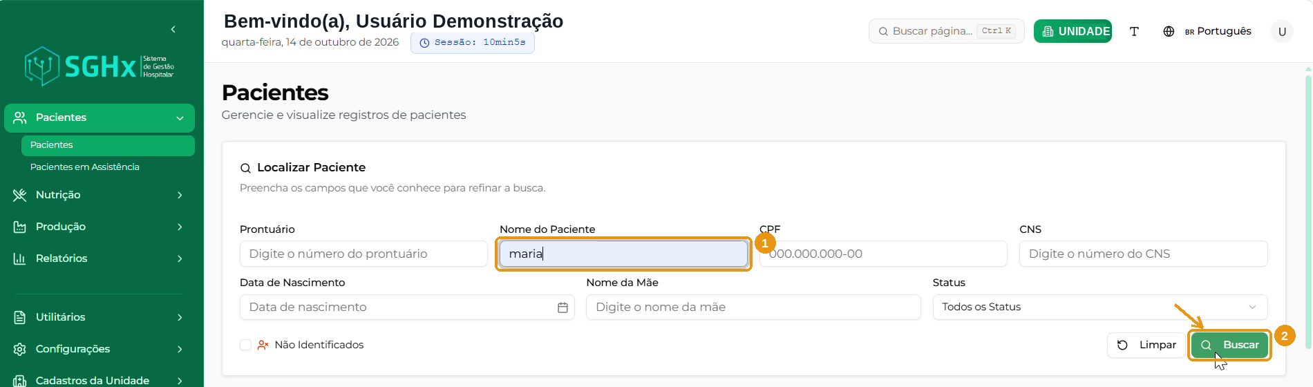 Nome do paciente informado na área Localizar Paciente.