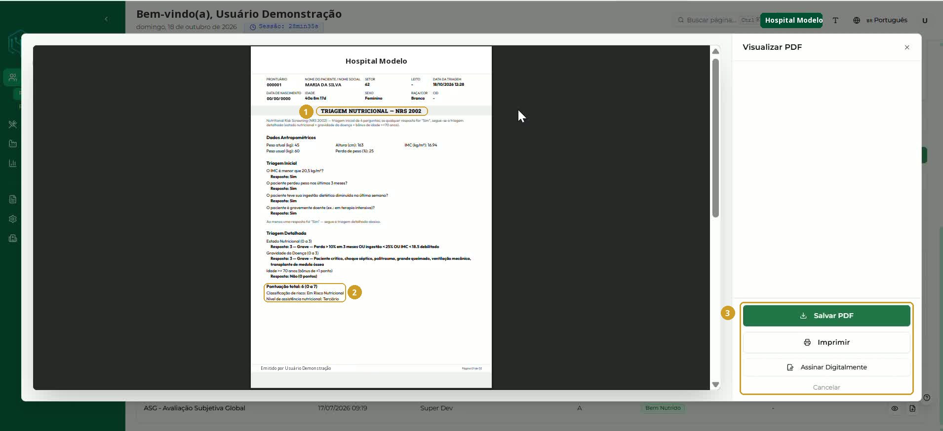 Modal Visualizar PDF com o título do documento, o resultado da triagem e os comandos laterais; cabeçalho institucional neutralizado.