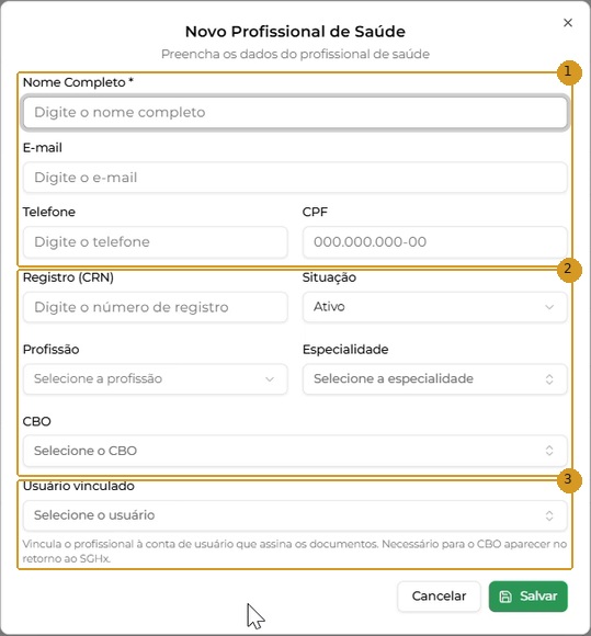Formulário Novo Profissional de Saúde sem dados pessoais preenchidos.