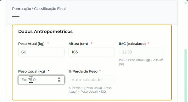 Dados Antropométricos e resultados calculados durante o preenchimento; Altura em cm.