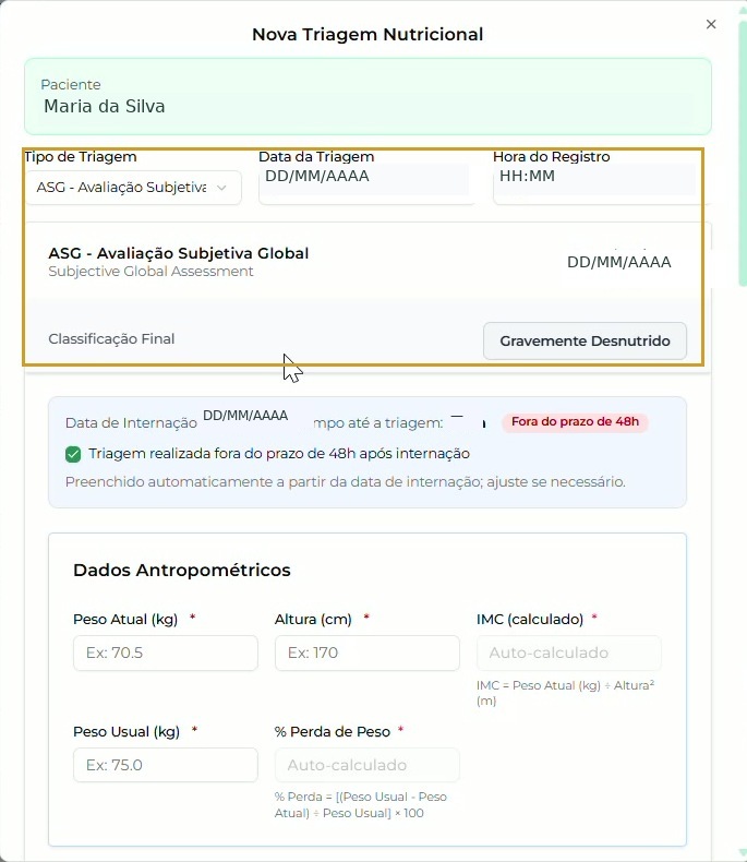 ASG selecionada e indicador automático de prazo; identificação e datas neutralizadas.