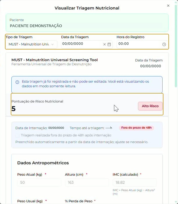 Visualizar Triagem Nutricional com MUST e aviso de modo somente leitura; identificação neutralizada.