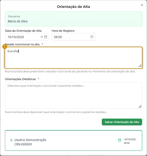 Preenchimento do Estado nutricional na alta com Eutrofia, como exemplo demonstrativo.