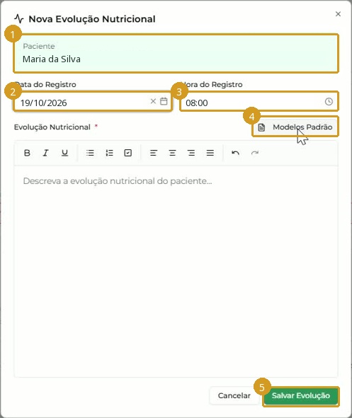 Formulário Nova Evolução Nutricional; paciente, data e hora fictícios.