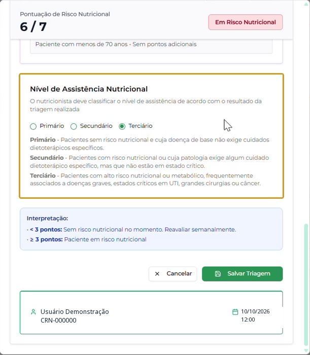 Nível Terciário selecionado, descrições dos níveis, Interpretação e botão Salvar Triagem.