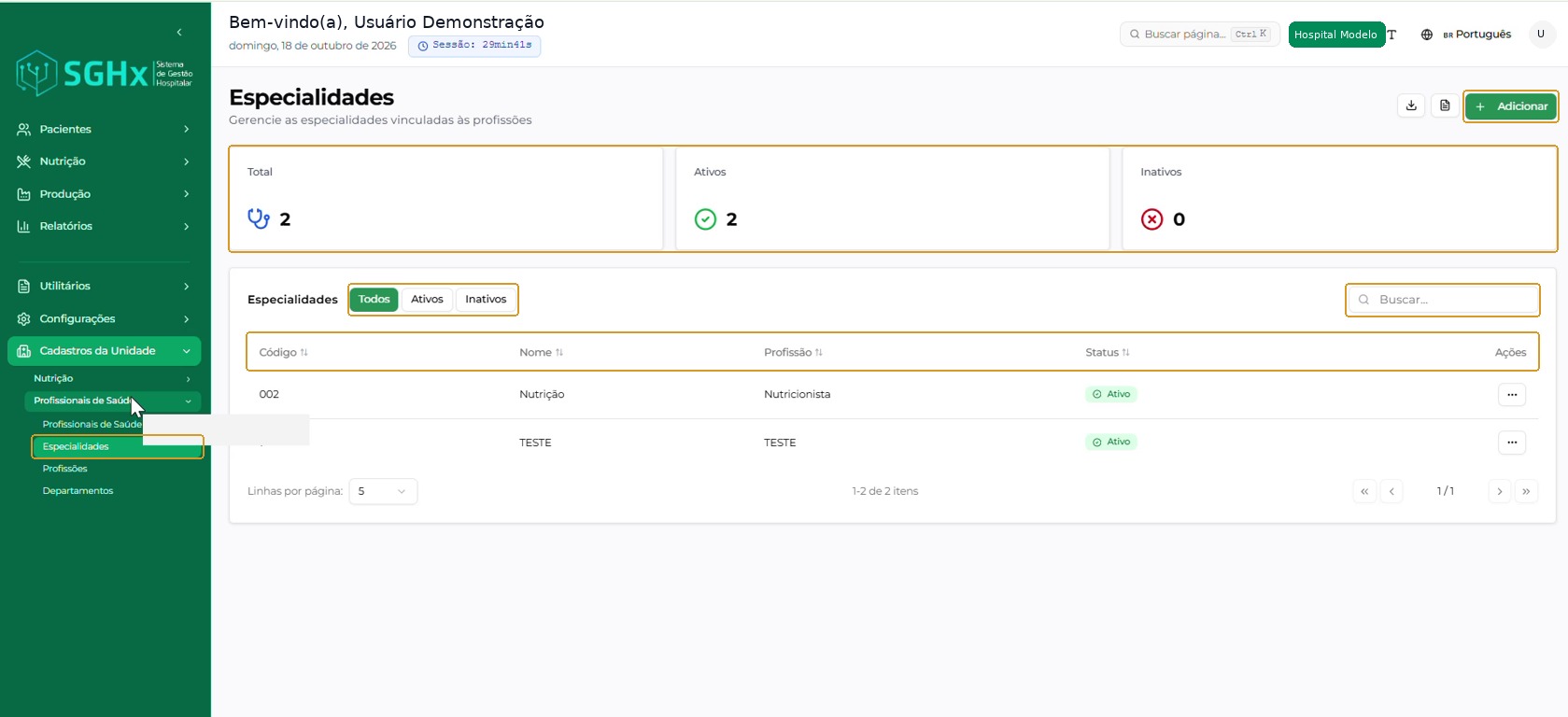 Tela Especialidades com indicadores, filtros, busca e listagem.