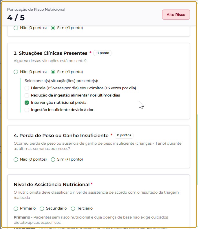 Situações Clínicas Presentes com Intervenção nutricional prévia marcada e pontuação 4/5 — Alto Risco.