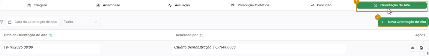 Acesso à aba Orientação de Alta e à abertura de um novo registro; dados fictícios.