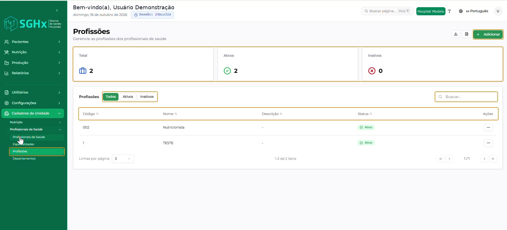 Tela Profissões com indicadores, filtros, busca e listagem.