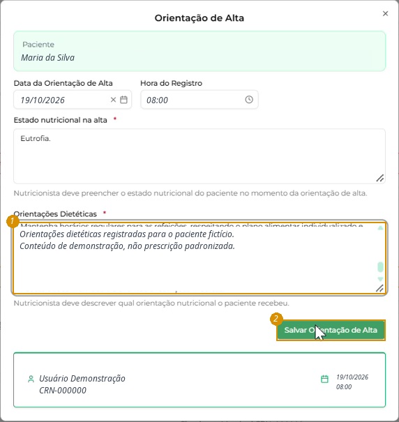 Orientações Dietéticas preenchidas; conteúdo clínico substituído por texto demonstrativo.
