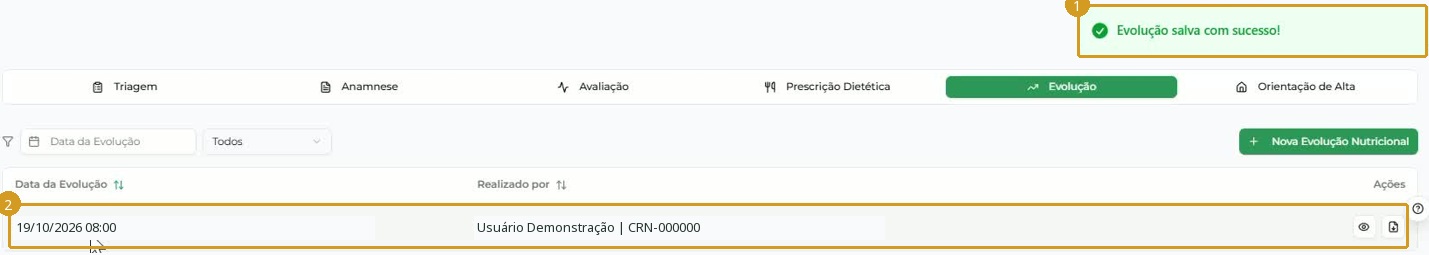 Confirmação do salvamento e registro na listagem; data e profissional fictícios.
