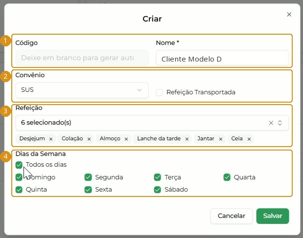 Formulário Criar preenchido com o exemplo fictício Cliente Modelo D.