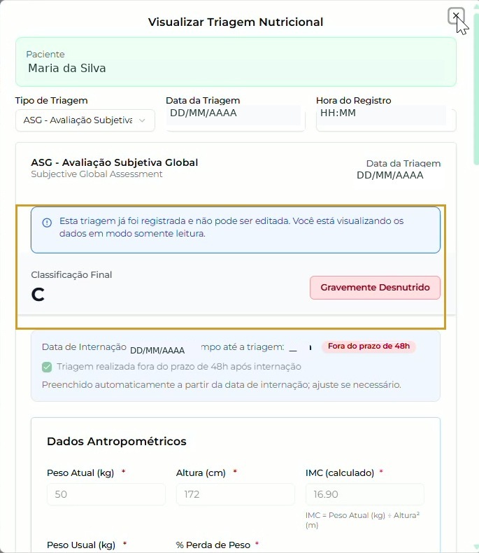 Consulta da ASG com aviso de somente leitura e resultado demonstrativo C — Gravemente Desnutrido.