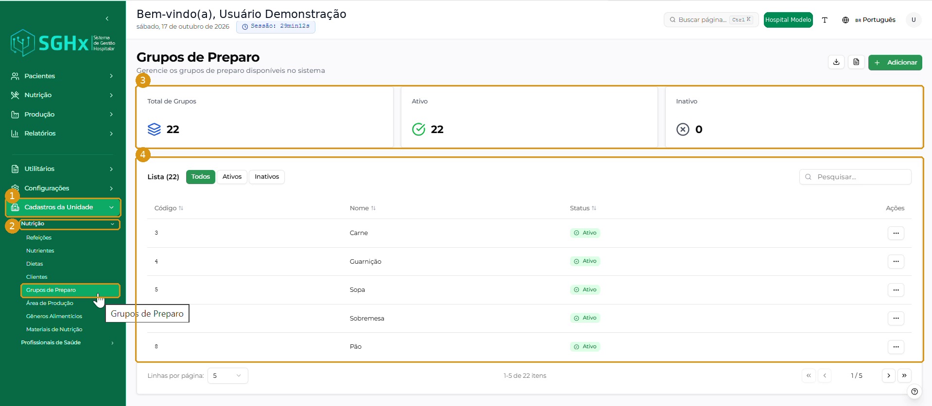 Tela Grupos de Preparo com indicadores e relação de registros.