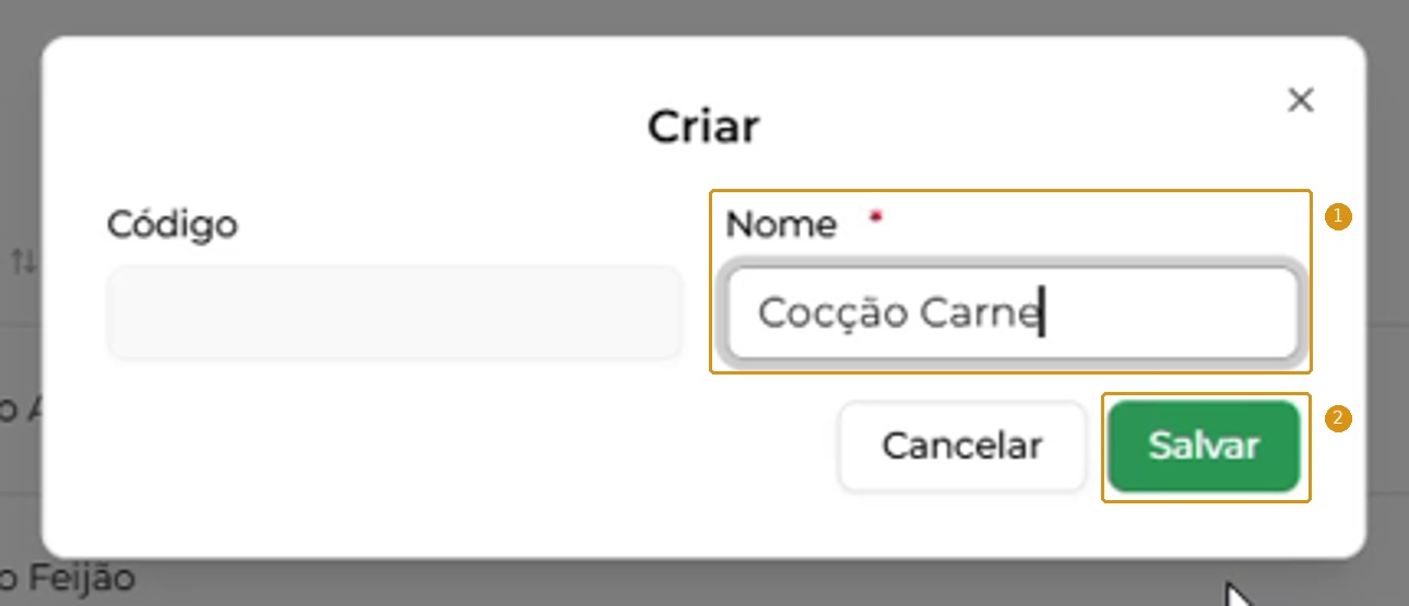 Recorte do formulário Criar com o nome Cocção Carne preenchido na demonstração.