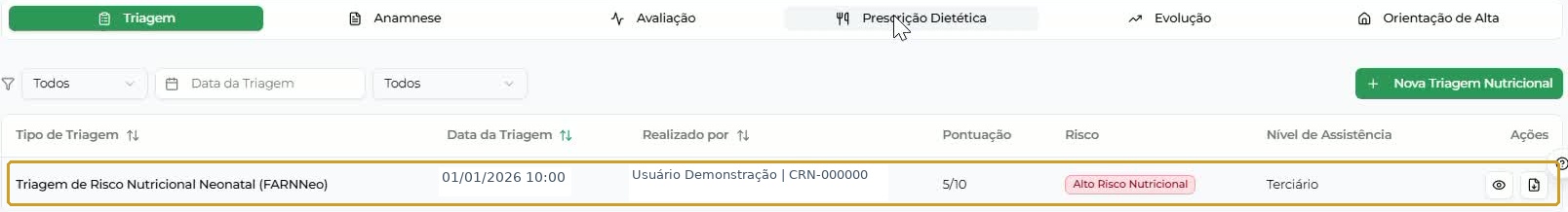 Novo registro e ações da aba Triagem; data e profissional fictícios. Terciário corresponde à seleção do usuário neste exemplo.